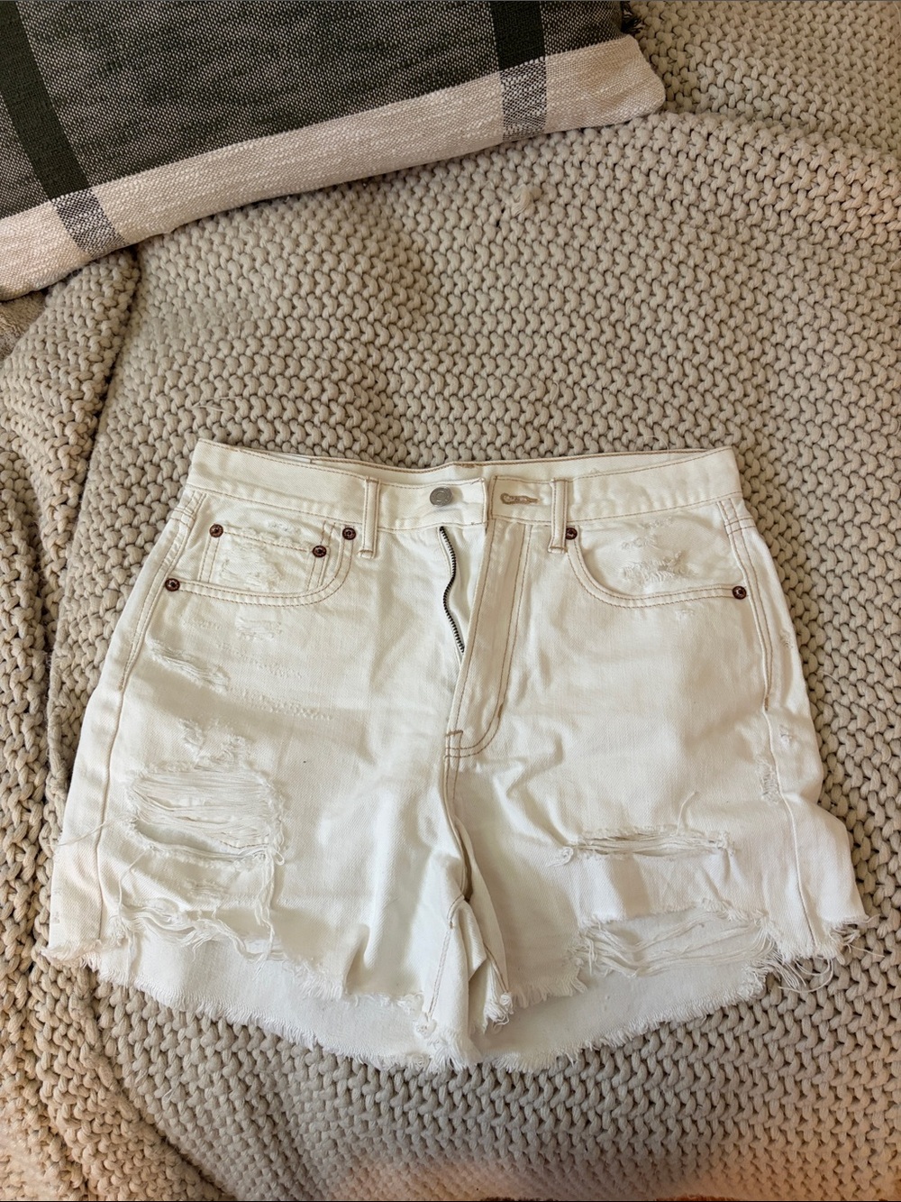 American Eagle Outfitters White Distressed High-Rise Denim Shorts
